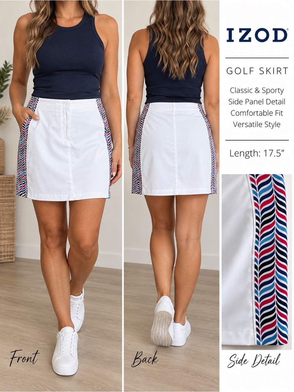 IZOD Women’s White Golf Skort Red Blue Printed Side Panels 17.5” - 8